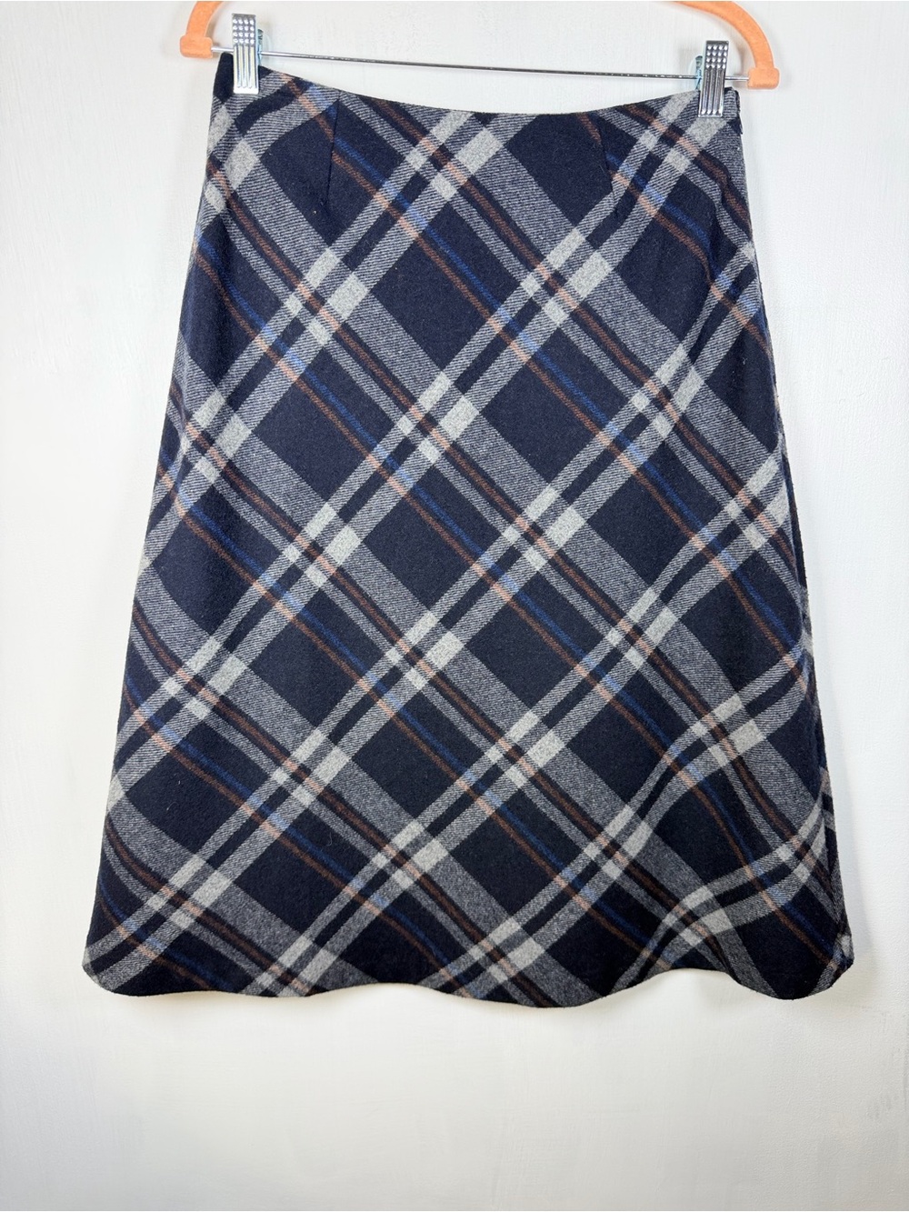 Vintage Women’s navy gray diagonal check plaid a-line Lined Midi Skirt Sz 6Tall